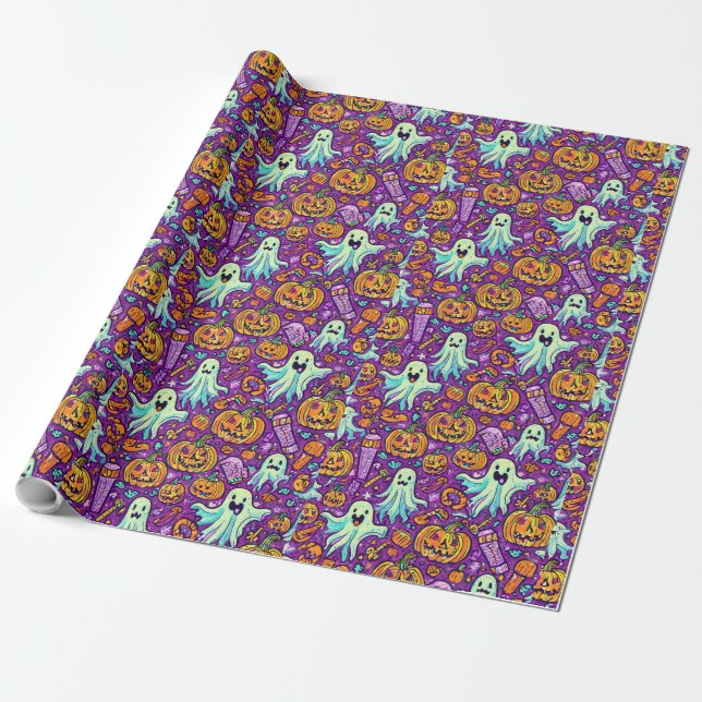 Skrämmande Halloween-spöken och pumpa-inslagspappe Presentpapper (Utrullad)