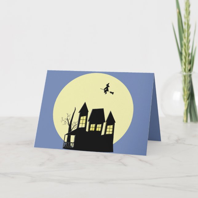 Skrämmande Halloween Spökhus Häxa Fullmåne Kort (Framsida)