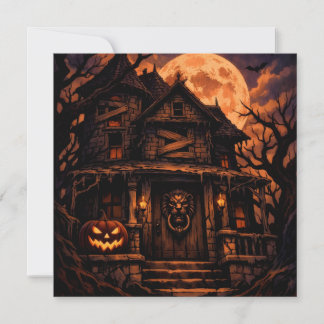 Skrämmande Halloween-spökhus med fullmåne Julkort