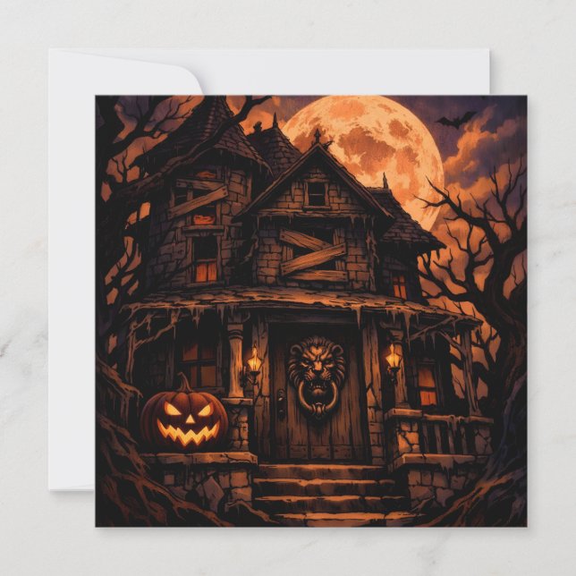 Skrämmande Halloween-spökhus med fullmåne  Julkort (Framsida)