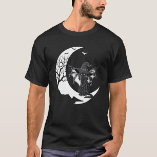 Skrämmande Halloween Svart Katt Häxa Hatt & Måne H T Shirt