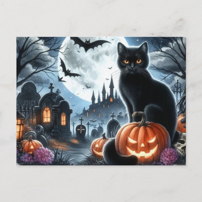 Skrämmande Halloween  Svart Katt Postkort Vykort (Framsida)