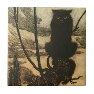 Skrämmande Halloween Svart Katt Vintage Rackham Kakelplatta