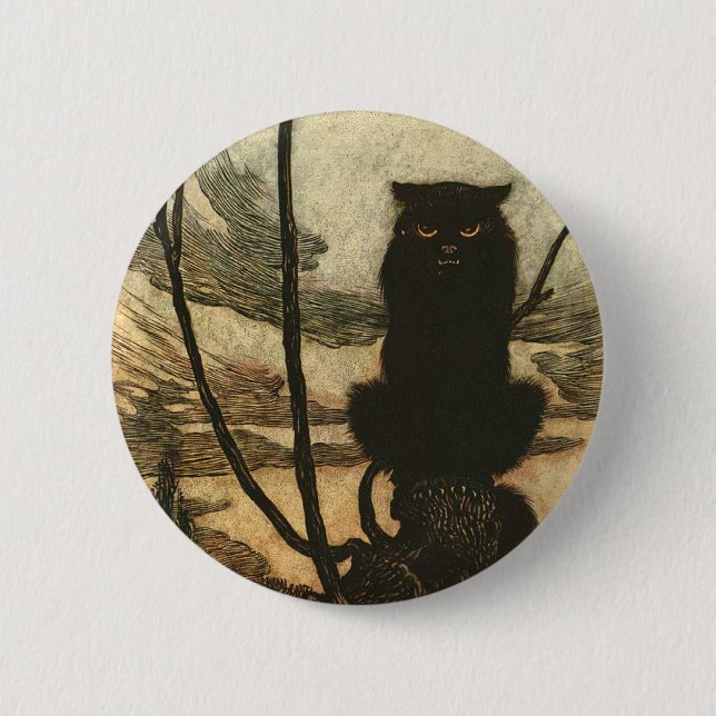 Skrämmande Halloween Svart Katt Vintage Rackham Knapp (Framsida)