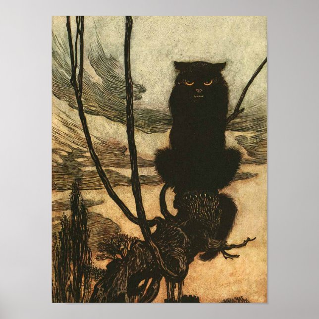 Skrämmande Halloween Svart Katt Vintage Rackham Poster (Framsidan)
