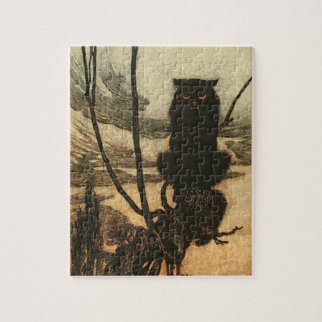 Skrämmande Halloween Svart Katt Vintage Rackham Pussel (Vertikal)