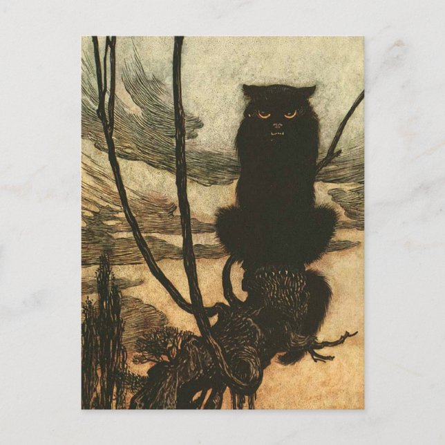 Skrämmande Halloween Svart Katt Vintage Rackham Vykort (Framsida)