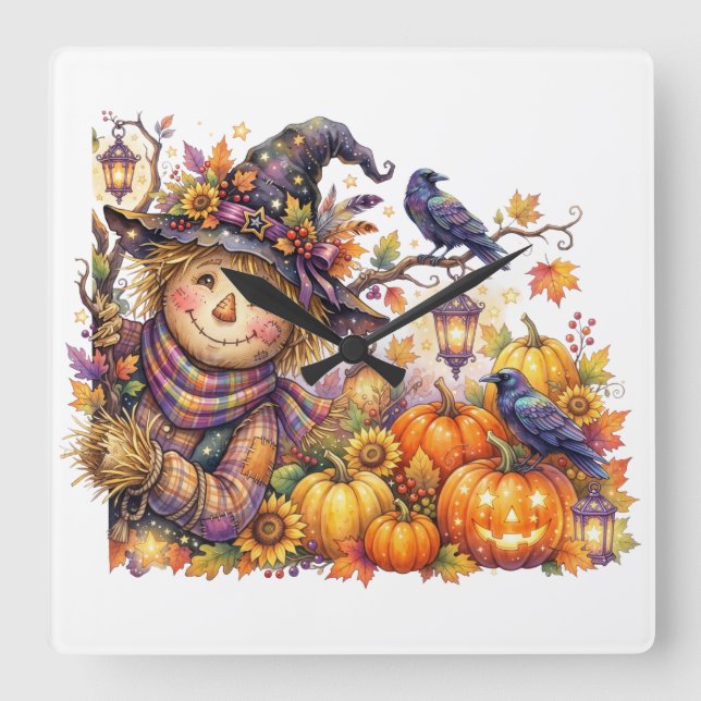 Skrämmande Halloween, Tittande Fågelskrämma, Hösts Fyrkantig Klocka (Framsida)