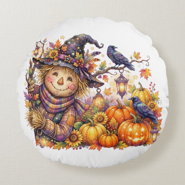 Skrämmande Halloween, Tittande Fågelskrämma, Hösts Rund Kudde (Framsidan)