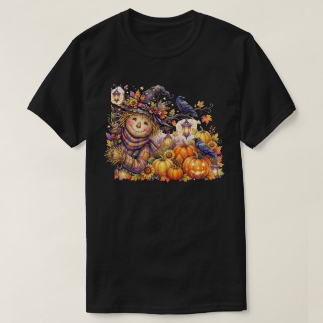 Skrämmande Halloween, Tittande Fågelskrämma, Hösts T Shirt (Design framsida)
