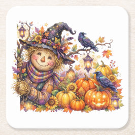Skrämmande Halloween, Tittande Fågelskrämma, Hösts Underlägg Papper Kvadrat