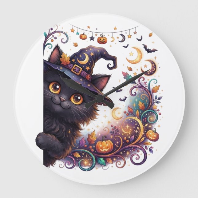 Skrämmande Halloween, Tittande Svart Katt Stor Klocka (Framsida)