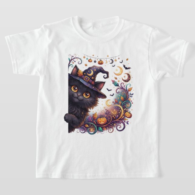 Skrämmande Halloween, Tittande Svart Katt T Shirt (Laydown)