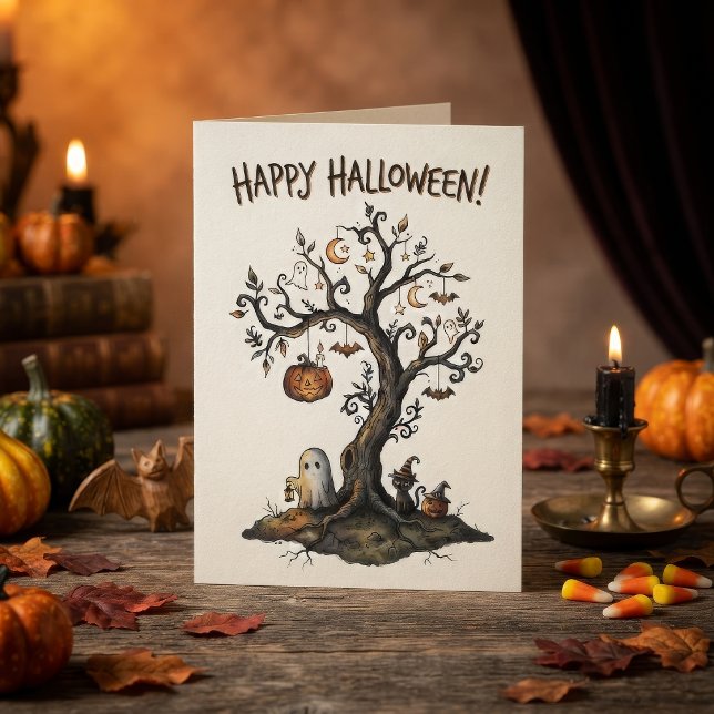 Skrämmande Halloween-träd med spöken och fladdermö Kort (Skapare uppladdad)