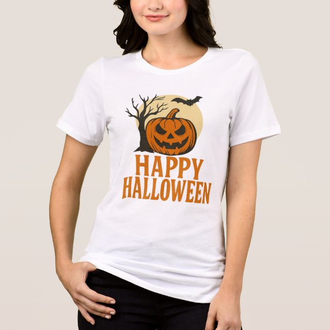 Skrämmande Halloween-tröja med pumpa och träd T Shirt (Framsida)