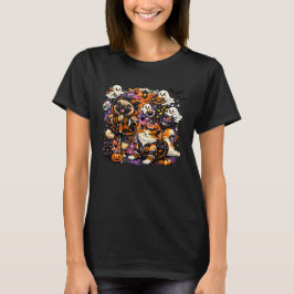 Skrämmande Halloween Yoga Mops & Katt i ett Spökt  T Shirt