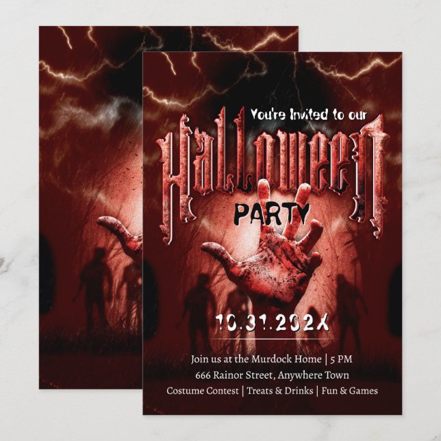 Skrämmande Halloweenfest Zombie Röd Skräcknatt Inbjudningar (Fram/baksida)