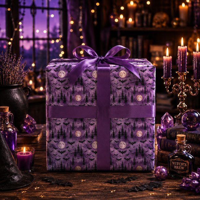 Skrämmande Halloweenfladdermöss Fullmåne Lila Skog Presentpapper (Skapare uppladdad)