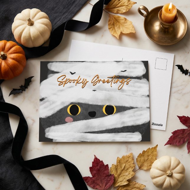 Skrämmande hälsningar Söt Mummi Katt Halloween Vykort (Skapare uppladdad)