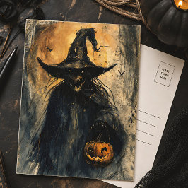 Skrämmande häxa & Jack O' Lantern Vintage Hallowee Vykort
