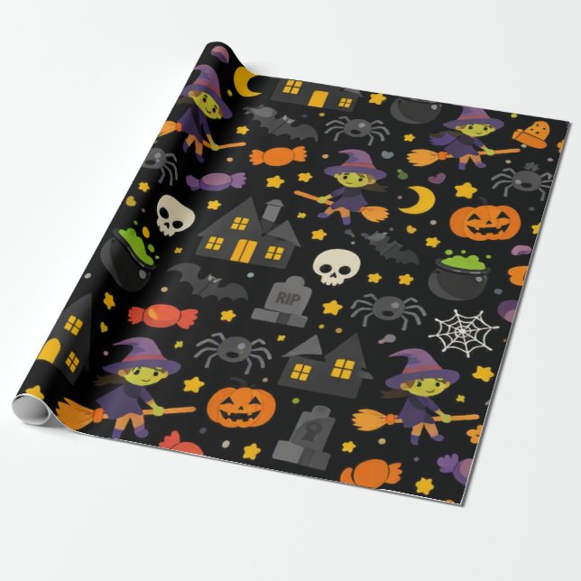 Skrämmande häxa & spindel Halloween Presentpapper (Utrullad)