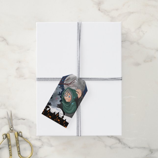 Skrämmande häxa & spökhus Halloween🌙 Presentetikett (Med Snöre)