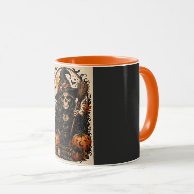 Skrämmande häxa, svart katt & halloweenpumpor magi mugg (Framsida höger)