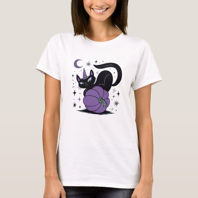 Skrämmande häxkat med lila pumpa t shirt (Framsida)