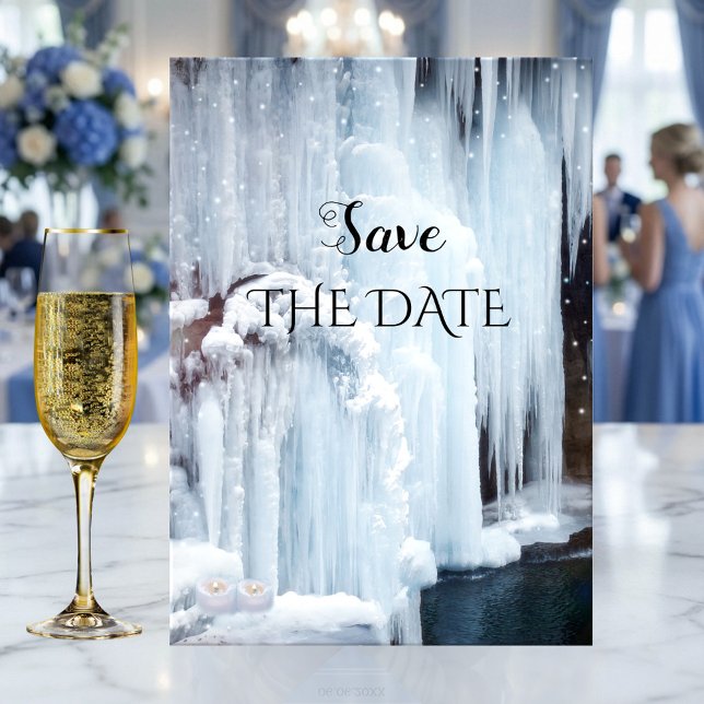 Skrämmande isvinter Bröllopet Spara datumkortet Datumet (Winter wedding Save the Date card featuring a frozen waterfall with sparkling light snow flakes)