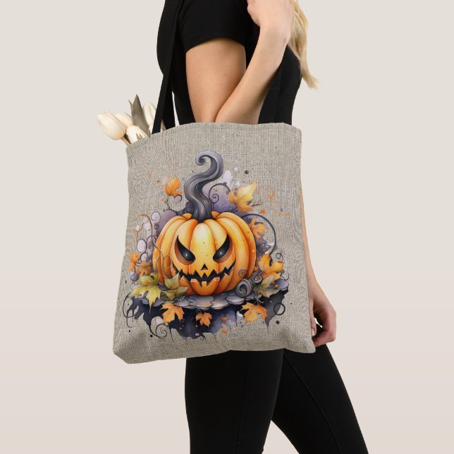 Skrämmande Jack-O' Lantern Linne Halloween Tygkasse (Närbild)