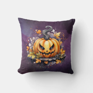 Skrämmande Jack-O' Lantern Vattenfärg Lila Hallowe Kudde