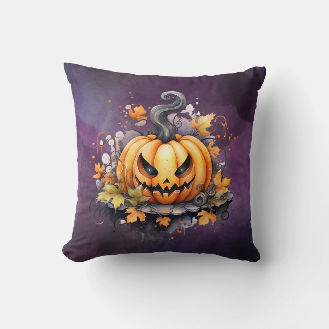 Skrämmande Jack-O' Lantern Vattenfärg Lila Hallowe Kudde (Framsida)