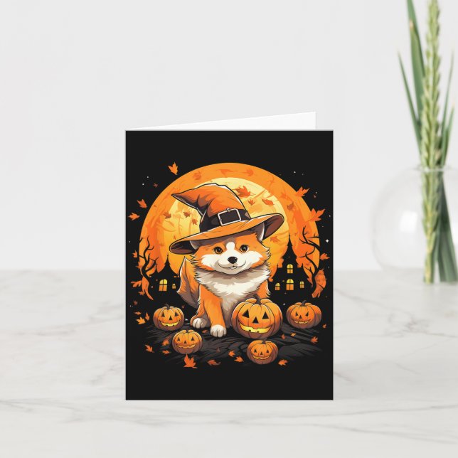 Skrämmande Jindo Hund Häxa Halloween Kort (Framsida)