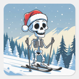 Skrämmande julställning skelett på skidor fyrkantigt klistermärke