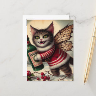 Skrämmande julvampyrälva katt med äggnog vykort