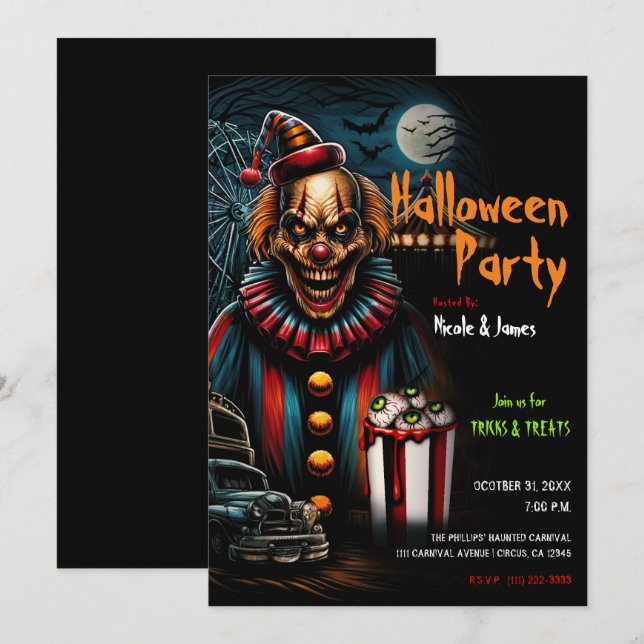 Skrämmande Karnevalsklovers Halloweenfest  Inbjudningar (Fram/baksida)