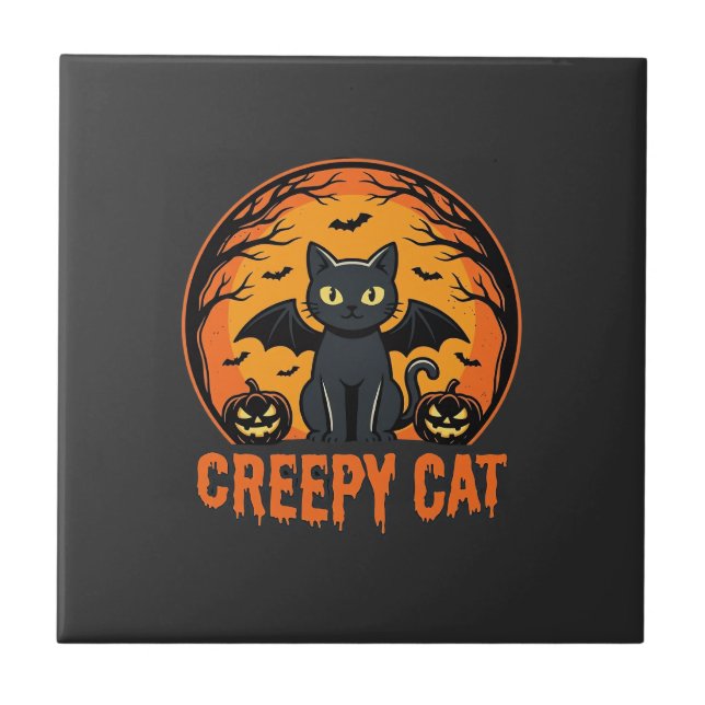 Skrämmande katt Halloween fladdermus mån grafisk d Kakelplatta (Framsidan)