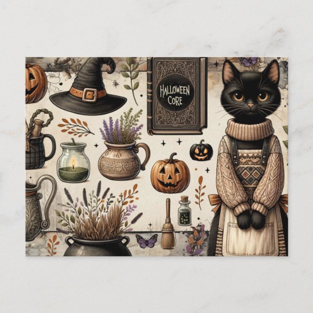 Skrämmande katt Halloween-kärna Junk Journaling Vykort (Framsida)
