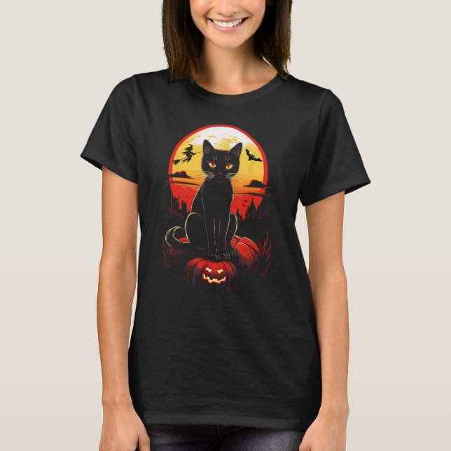 Skrämmande katt läskig pumpa Halloween T Shirt (Framsida)