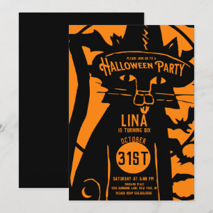 Skrämmande katt vintage orange svart Halloween föd Inbjudningar