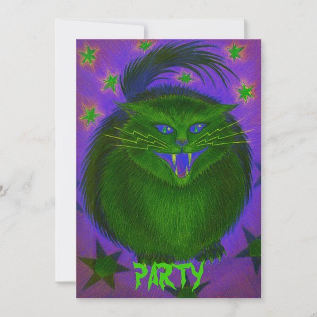Skrämmande kattgrön "fest" inbjudan (Framsida)
