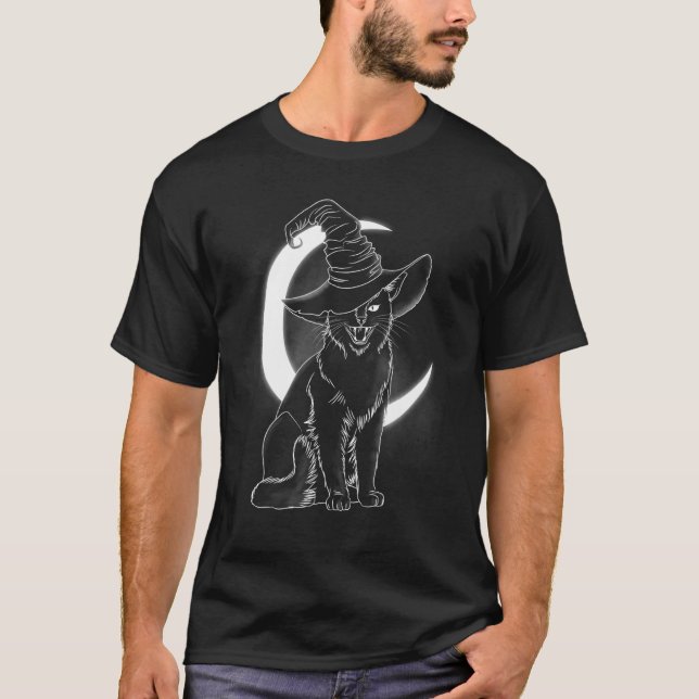 Skrämmande kattunge häxa hatt Halloween katt 2 T Shirt (Framsida)