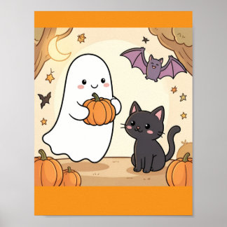 Skrämmande Kawaii Spöke Kul med Svart Katt Poster
