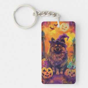 Skrämmande Keeshond Hund Halloween Häxa Och Pumpa