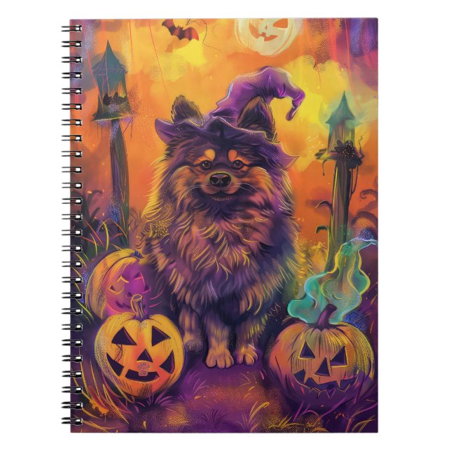 Skrämmande Keeshond Hund Halloween Häxa Och Pumpa  Anteckningsbok (Framsidan)
