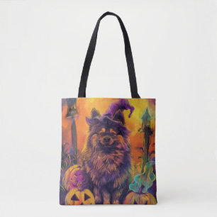 Skrämmande Keeshond Hund Halloween Häxa Och Pumpa Tygkasse