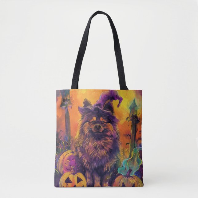 Skrämmande Keeshond Hund Halloween Häxa Och Pumpa Tygkasse (Framsida)