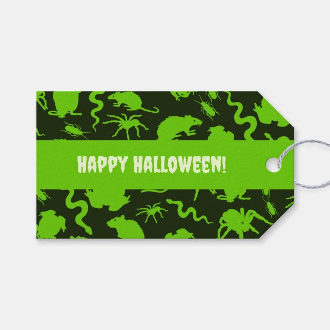 Skrämmande kräldjur Glad Halloween! Grön mönster Presentetikett (Framsidan (Horisontell))