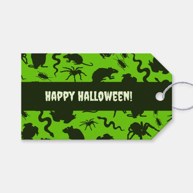 Skrämmande kräldjur Glad Halloween! Svart mönster Presentetikett (Framsidan (Horisontell))