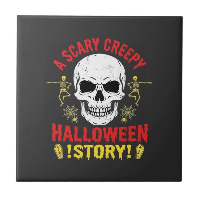 Skrämmande kuslig Halloween-berättelse Dödskalle-d Kakelplatta (Framsidan)